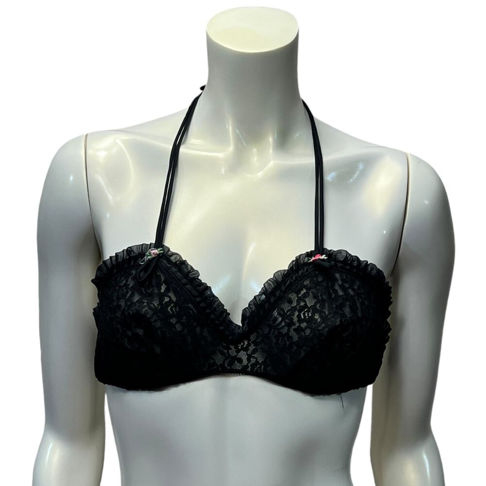 Vintage 80s Black Lace Halter Bralette Rose Detail Ruffle Trim Lingerie Top